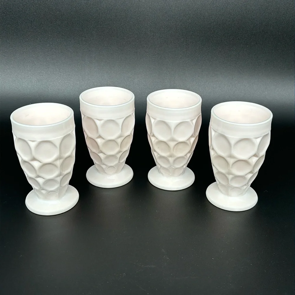 Vintage Set Of 4 Jeanette Shell Pink Milk Glass Thumbprint Juice Glasses